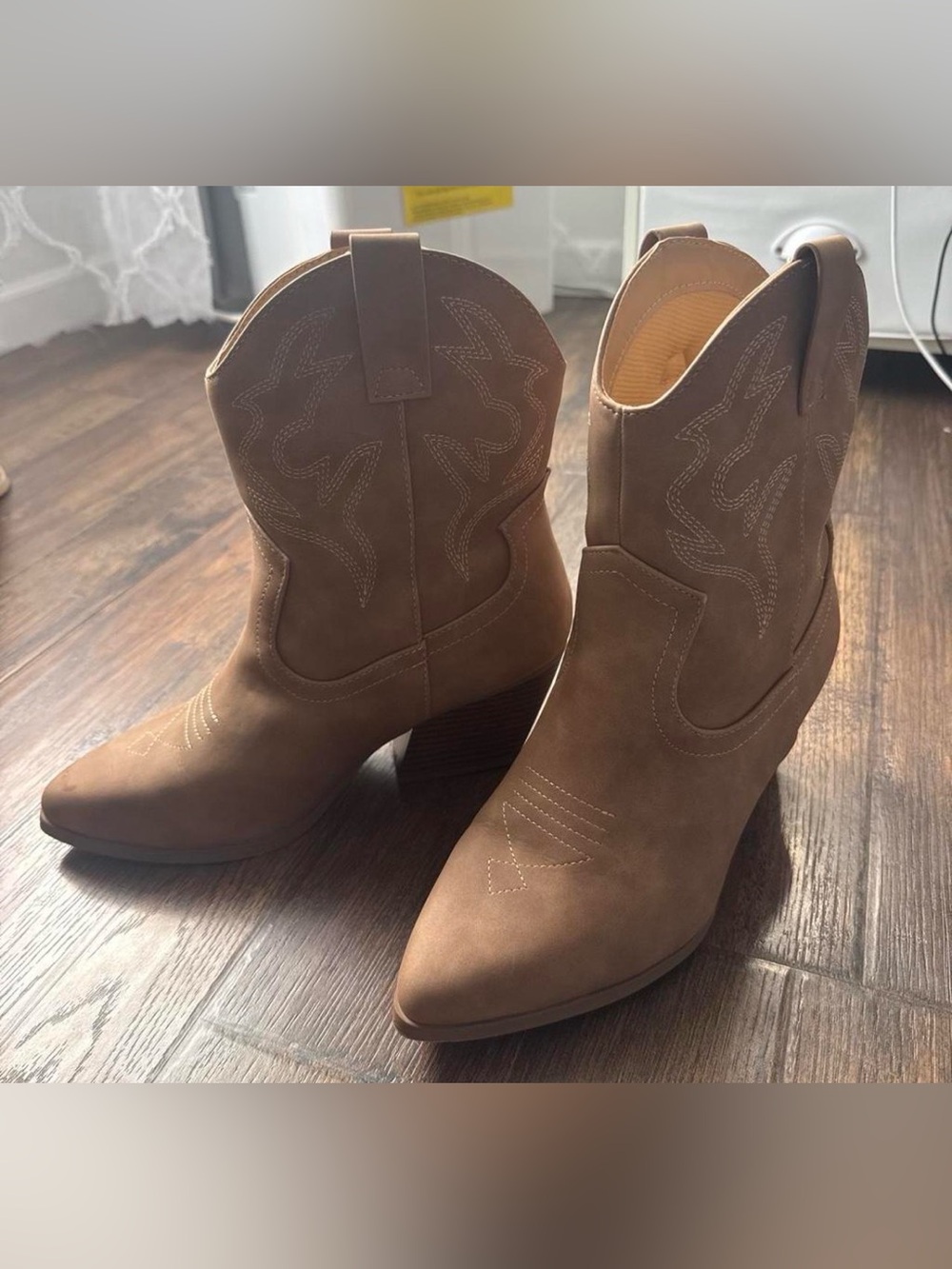 Soda Tan Western Ankle Boots with Embroidered Detail